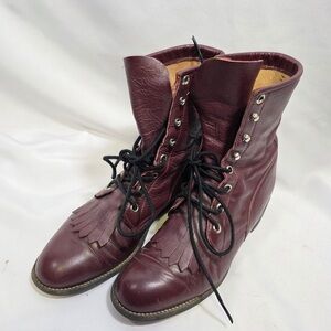 Justin Boots Vintage Burgundy Lace Up Kiltie With Fringe Boots Women’s Size 6.5B